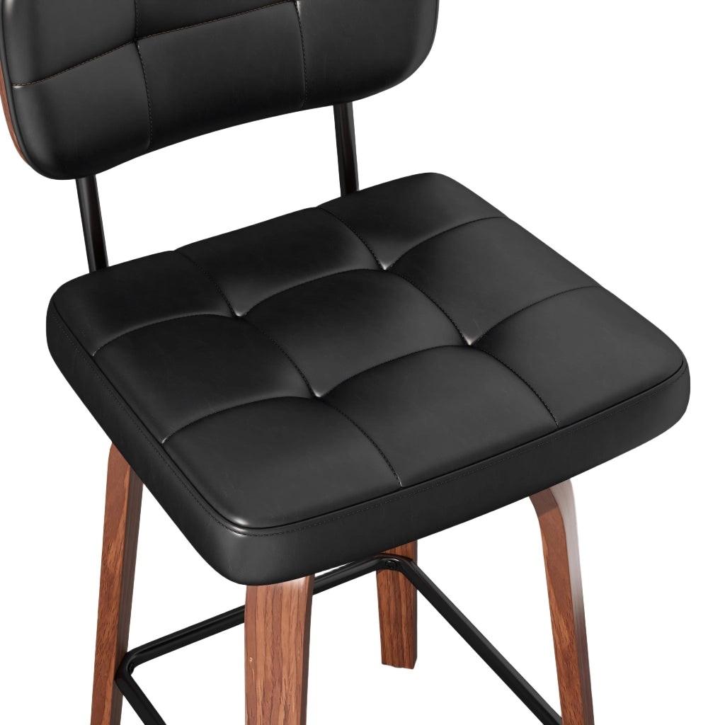 Sgabello da bar con schienale ergonomico e anello antiscivolo, in legno massello e similpelle, nero e noce scuro