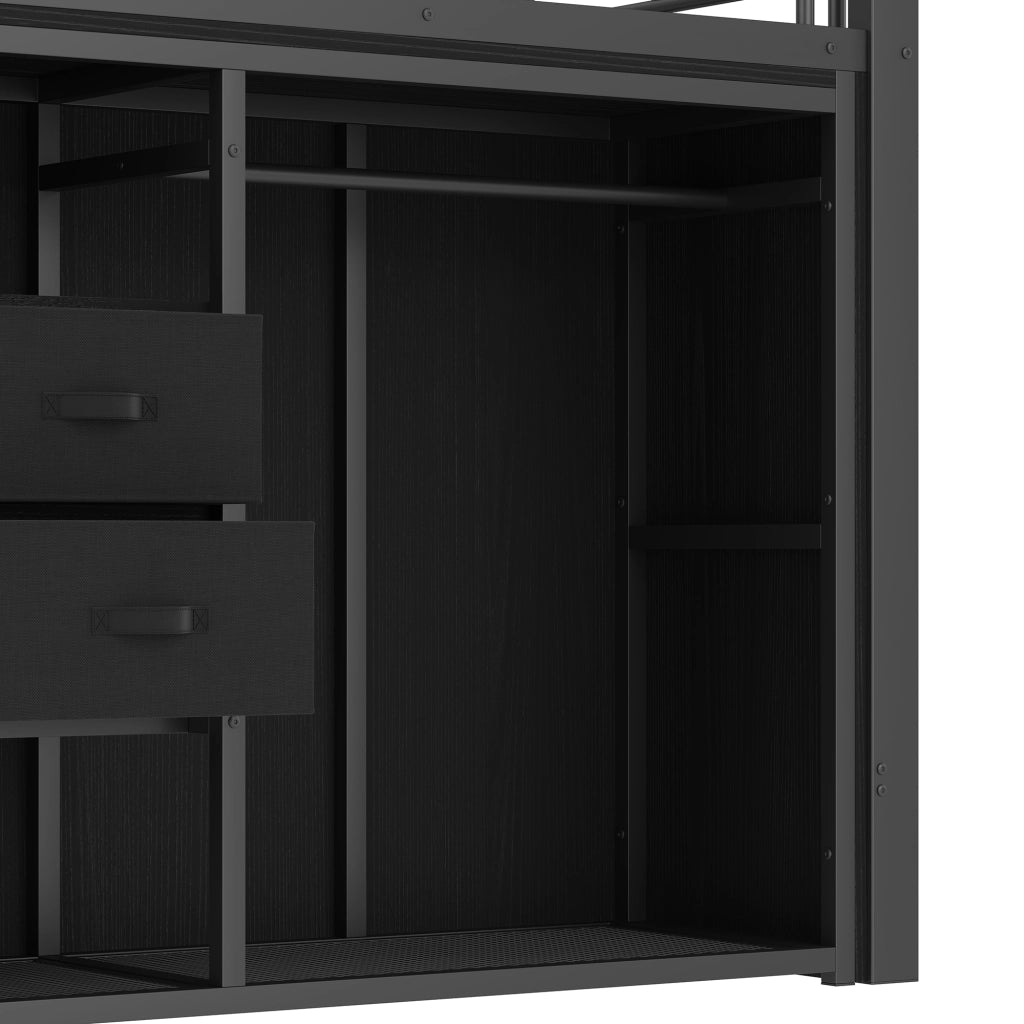 Letto rialzato 90x200 cm in metallo nero con 2 cassetti; guardaroba aperto e LED