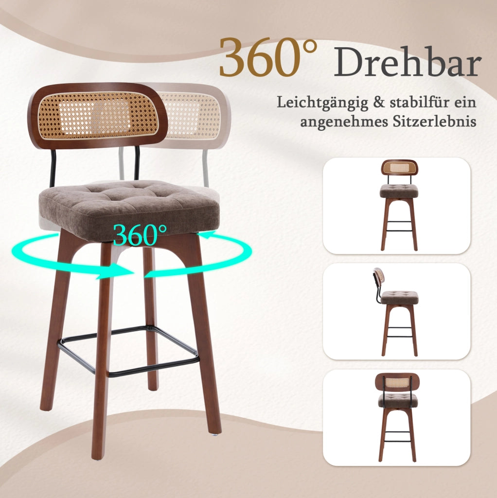 Set di 2 sgabelli da bar girevoli a 360°, con schienale in rattan e seduta imbottita in chenille, stile Mid-Century, colore marrone