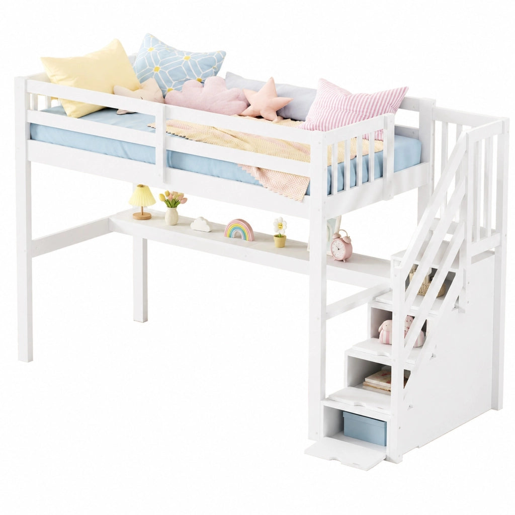 Letto a soppalco 90x200 cm in legno e MDF bianco con scrivania per bambini