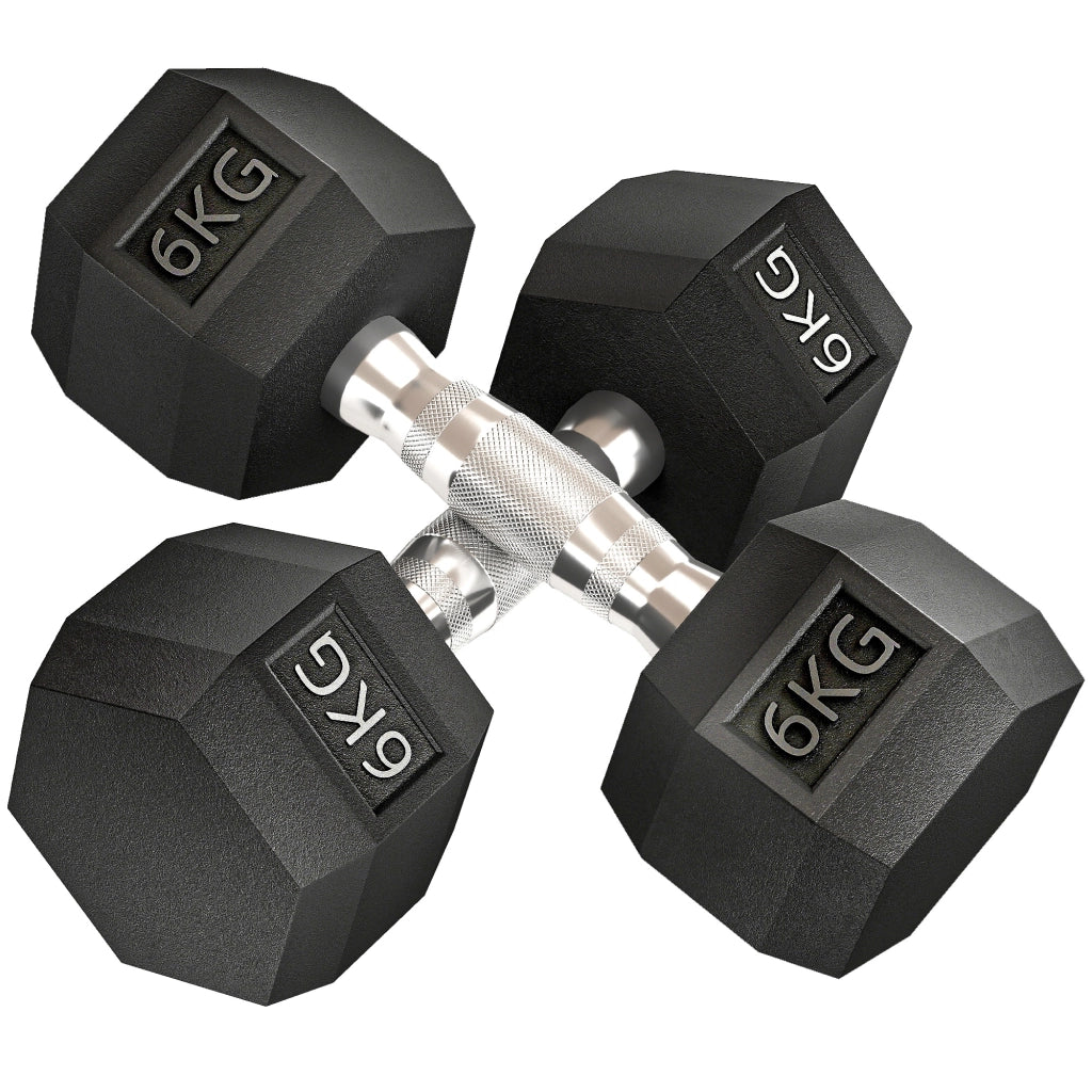 Set di 2 Manubri da 6 kg Esagonali con Presa Antiscivolo e Rivestimento in Gomma. Nero