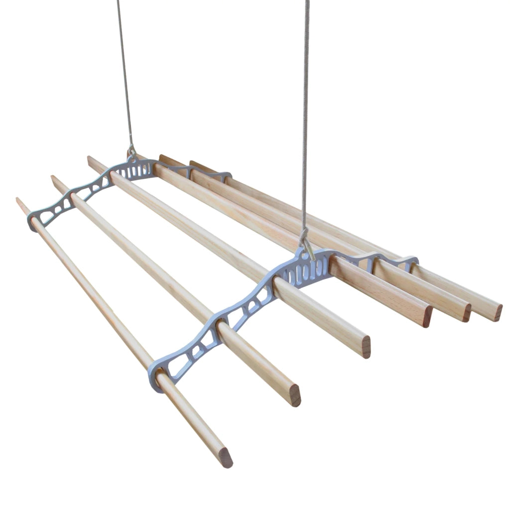 Stendibiancheria da Soffitto con 6 Stecche Legno 150cm e Supporti Ghisa Bianchi