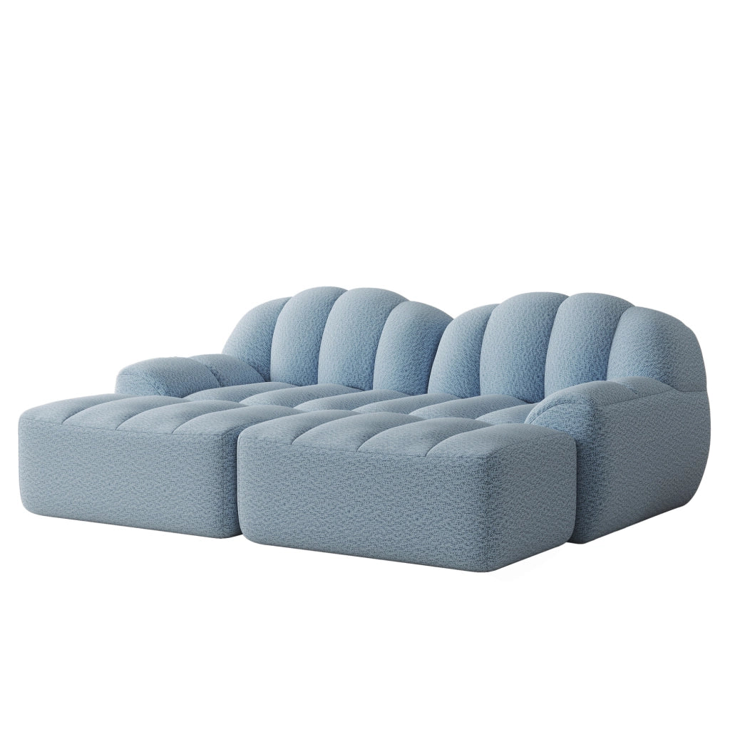 Divano modulare blu 210x165x79 cm con 2 pouf, senza montaggio