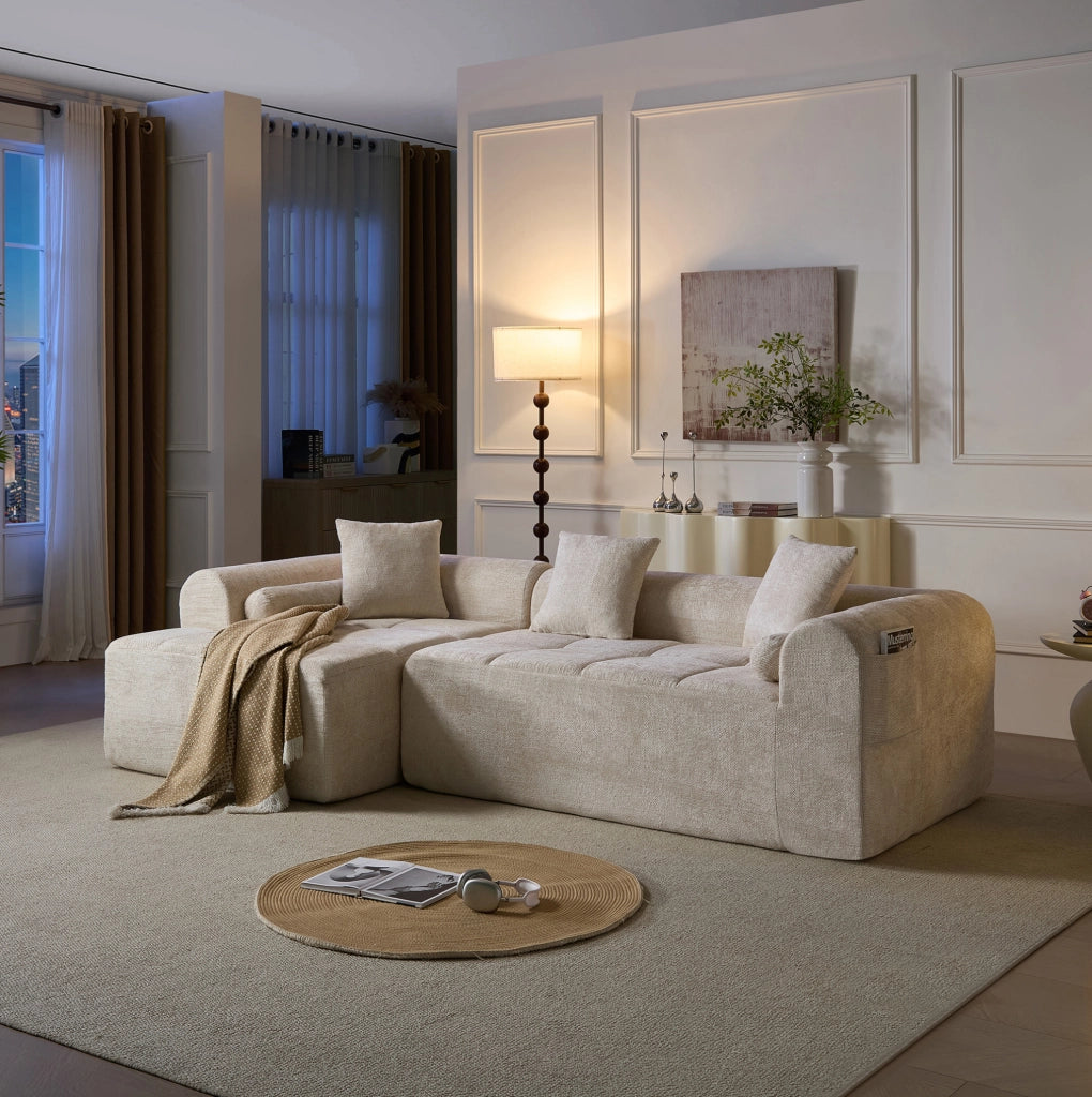DIVANO Beige in Chenille con Imbottitura in Schiuma e Molle