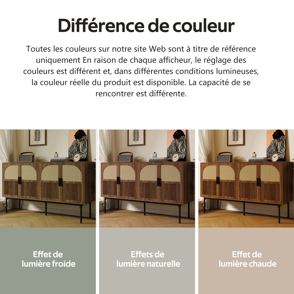 Credenza a 4 ante in MDF con effetto noce e rattan naturale per soggiorno ingresso 140 × 40 × 80 cm