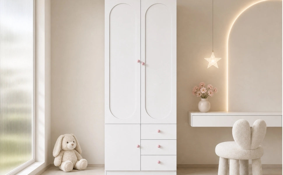 Armadio per cameretta con 2 ante 3 cassetti e appendiabiti in MDF bianco laccato con maniglie rosa 80 × 50 × 200 cm