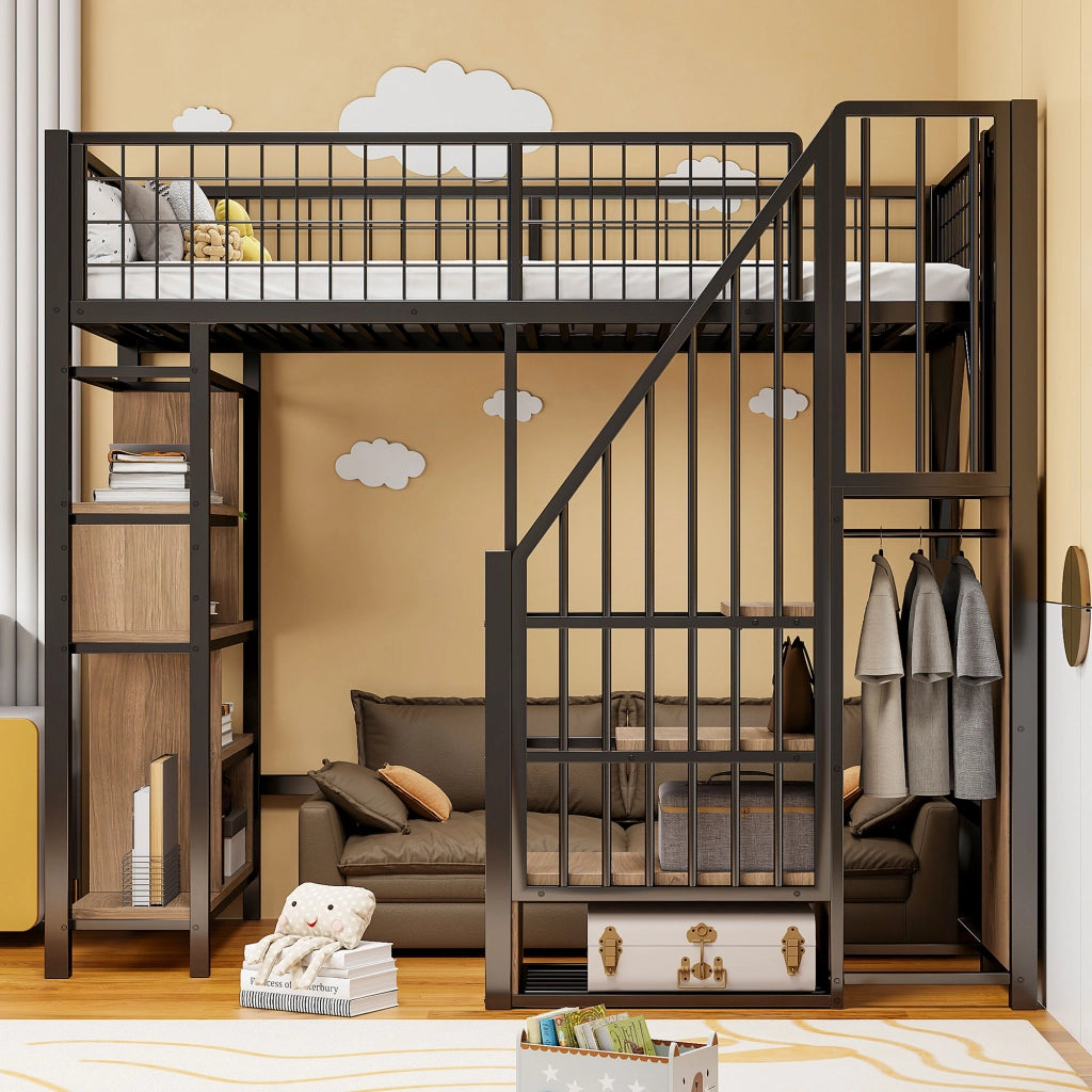 Letto a soppalco 90x200 cm con scala contenitore, struttura in metallo e legno, nero