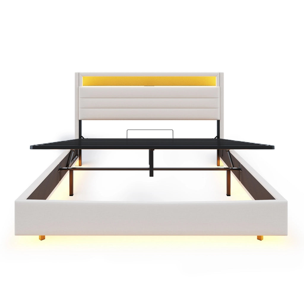 Letto imbottito 160 x 200 cm beige con contenitore idraulico, USB e LED