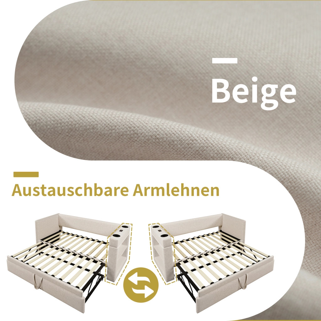 Daybed Imbottito 90x200 cm con Letto Estraibile; USB/Type-C e Portabicchieri; Tessuto Lino-Cotone Beige