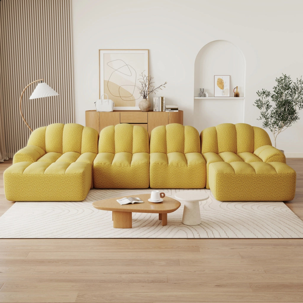 Divano modulare a U 4 posti 366x165x79 cm in tessuto peluche giallo, 2 pouf