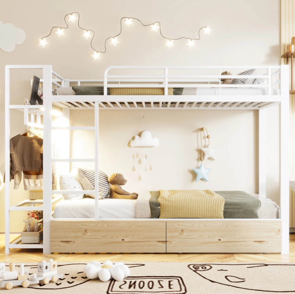 Letto a castello in ferro 90x200 cm con 2 cassetti, ripiani, luci LED e appendiabiti, bianco