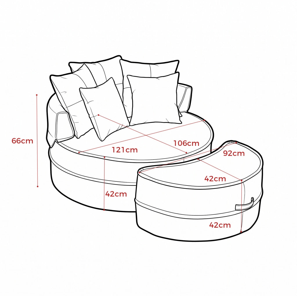Poltrona lounge rotonda beige con pouf e 5 cuscini