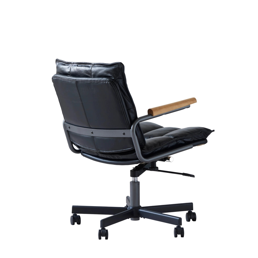 Sedia da ufficio in pelle con braccioli in legno, base girevole a 360° e ruote silenziose, struttura in metallo, colore nero
