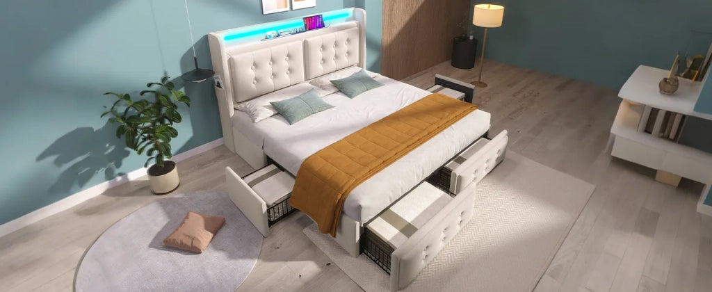 Letto matrimoniale imbottito 160x200 cm, beige, cotone. Testiera in pelle con ricarica USB C, 4 cassetti. Rete a doghe legno/metallo, portata 300 kg. Con materasso.