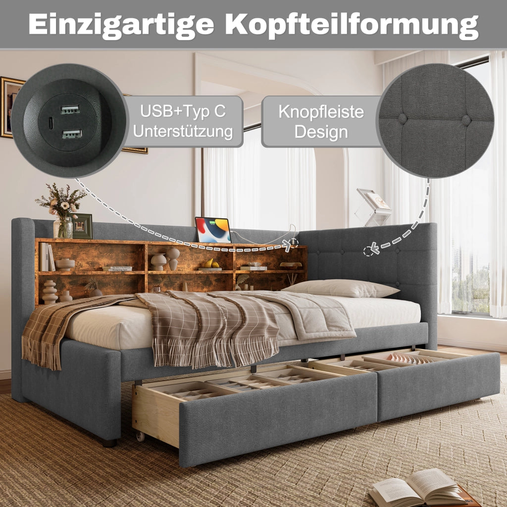 DESMIU Letto singolo 90 × 200 cm con 2 cassetti, USB, Type-C e ripiani, senza materasso, in lino, grigio