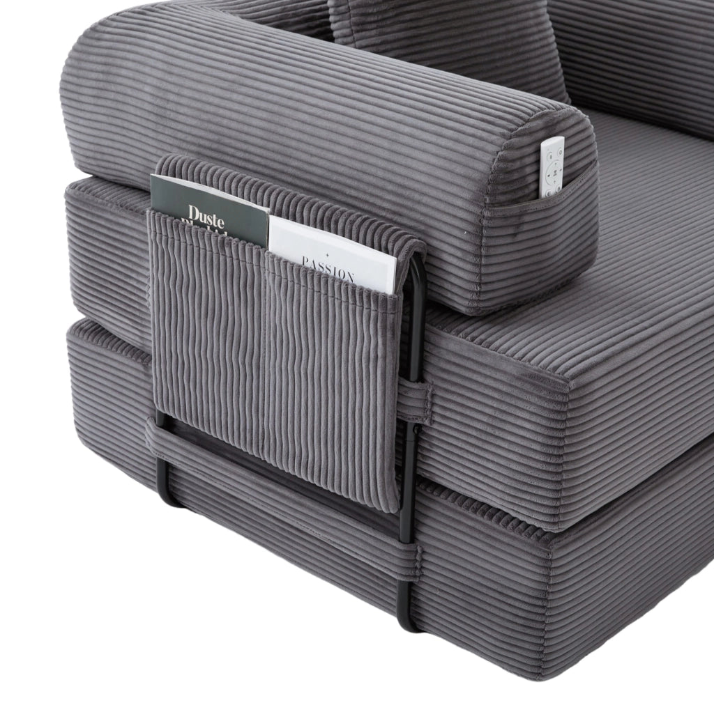 Sofa modulare in velluto a coste con pouf; tasca laterale e 3 cuscini; grigio scuro