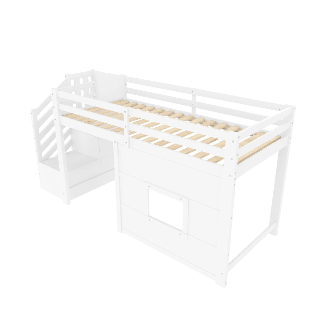 Letto a soppalco 90 x 200 cm con scala contenitore e finestra - Bianco