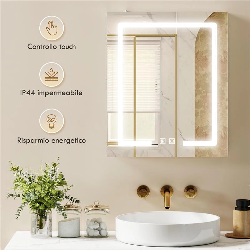 ARMADIETTO BAGNO CON SPECCHIO, LUCE LED REGOLABILE E SISTEMA ANTIAPPANNAMENTO, 50X15X60 CM, BIANCO