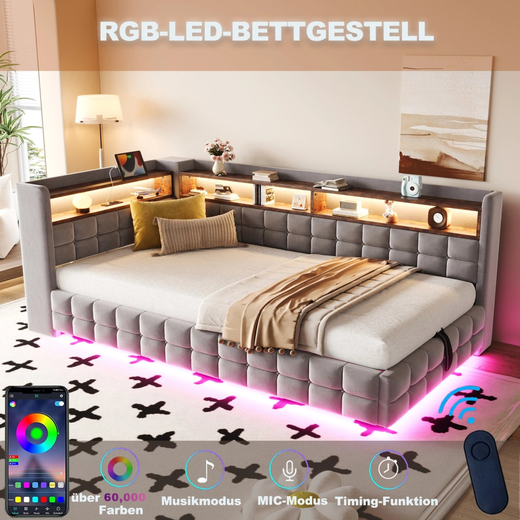 Divano letto 90 × 200 cm con vano contenitore idraulico; ripiani; LED; prese USB e Type-C in velluto grigio chiaro
