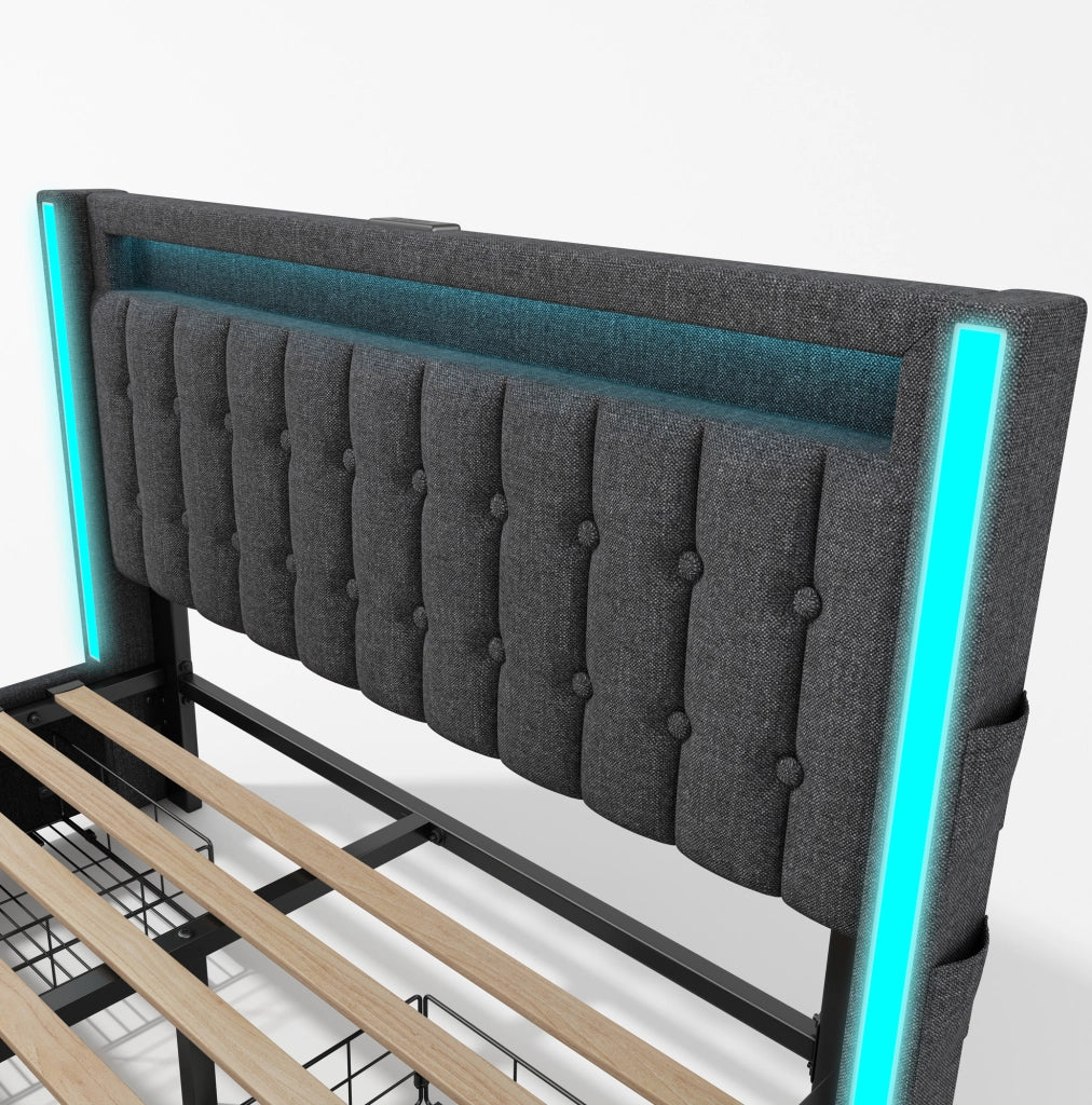 Letto imbottito con ricarica USB, LED e 4 cassetti