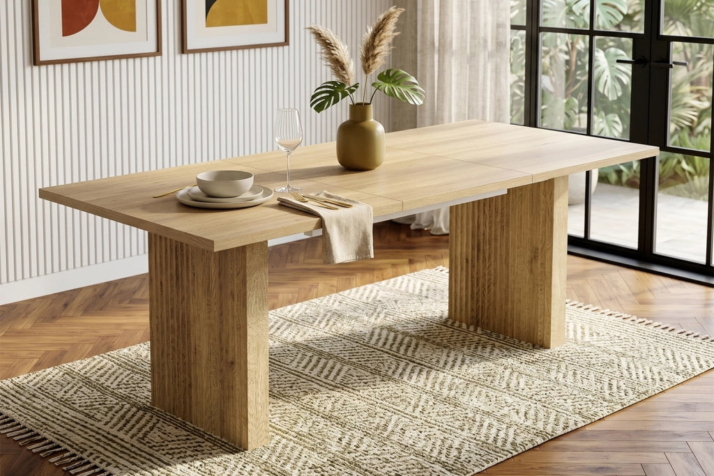 Tavolo allungabile rettangolare in MDF color rovere con piano da 3 cm e gambe a lamelle 140-200 × 90 × 75 cm