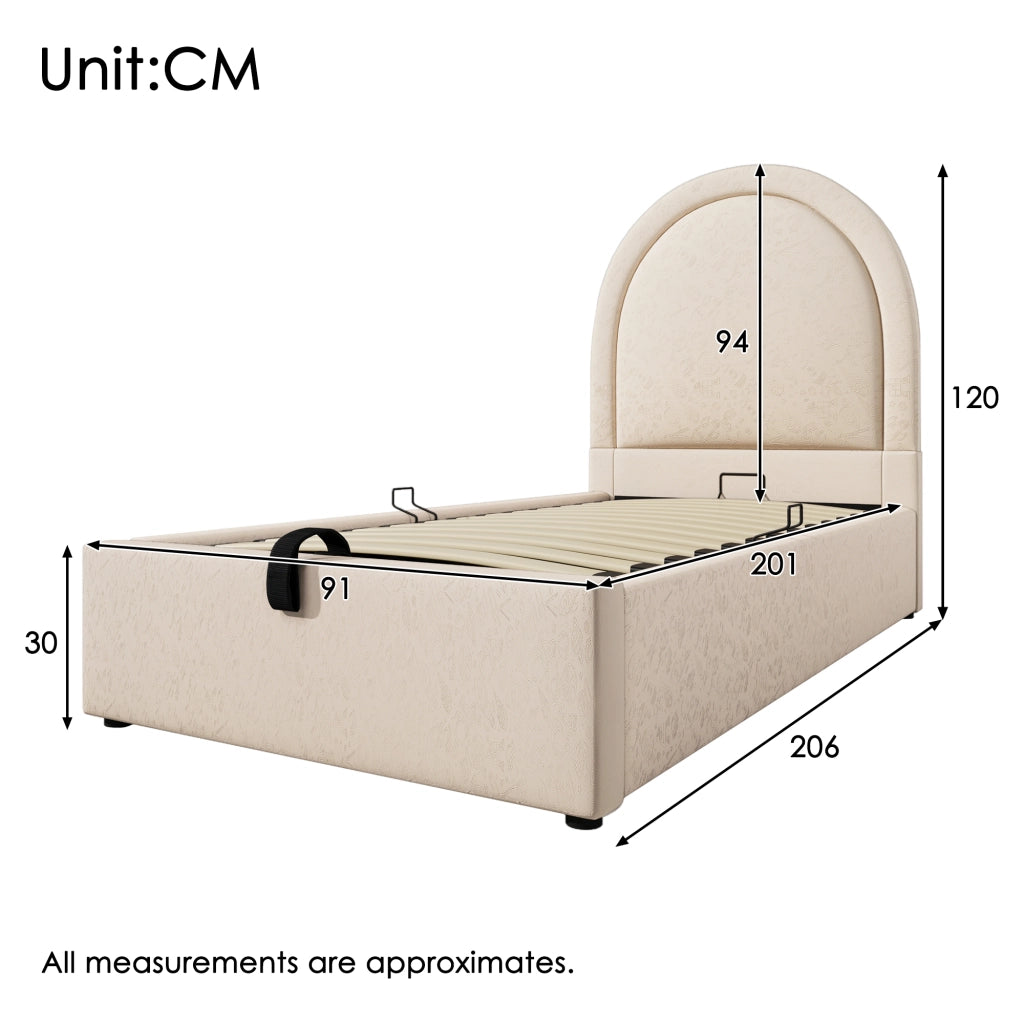 Letto contenitore 90 × 200 cm con testiera imbottita in PU beige struttura in metallo legno e MDF