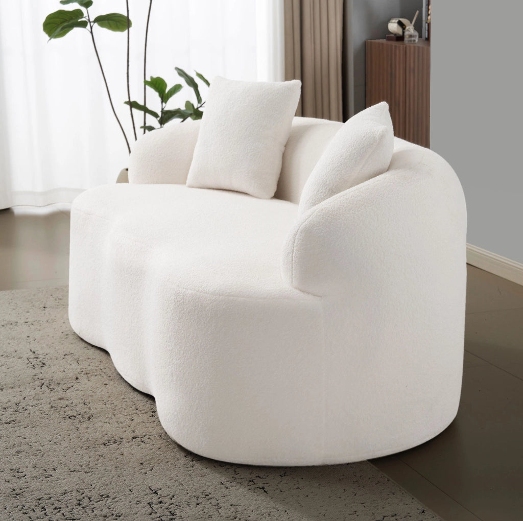 Divano loveseat 2 posti curvo con 2 cuscini; schiuma e molle; bianco