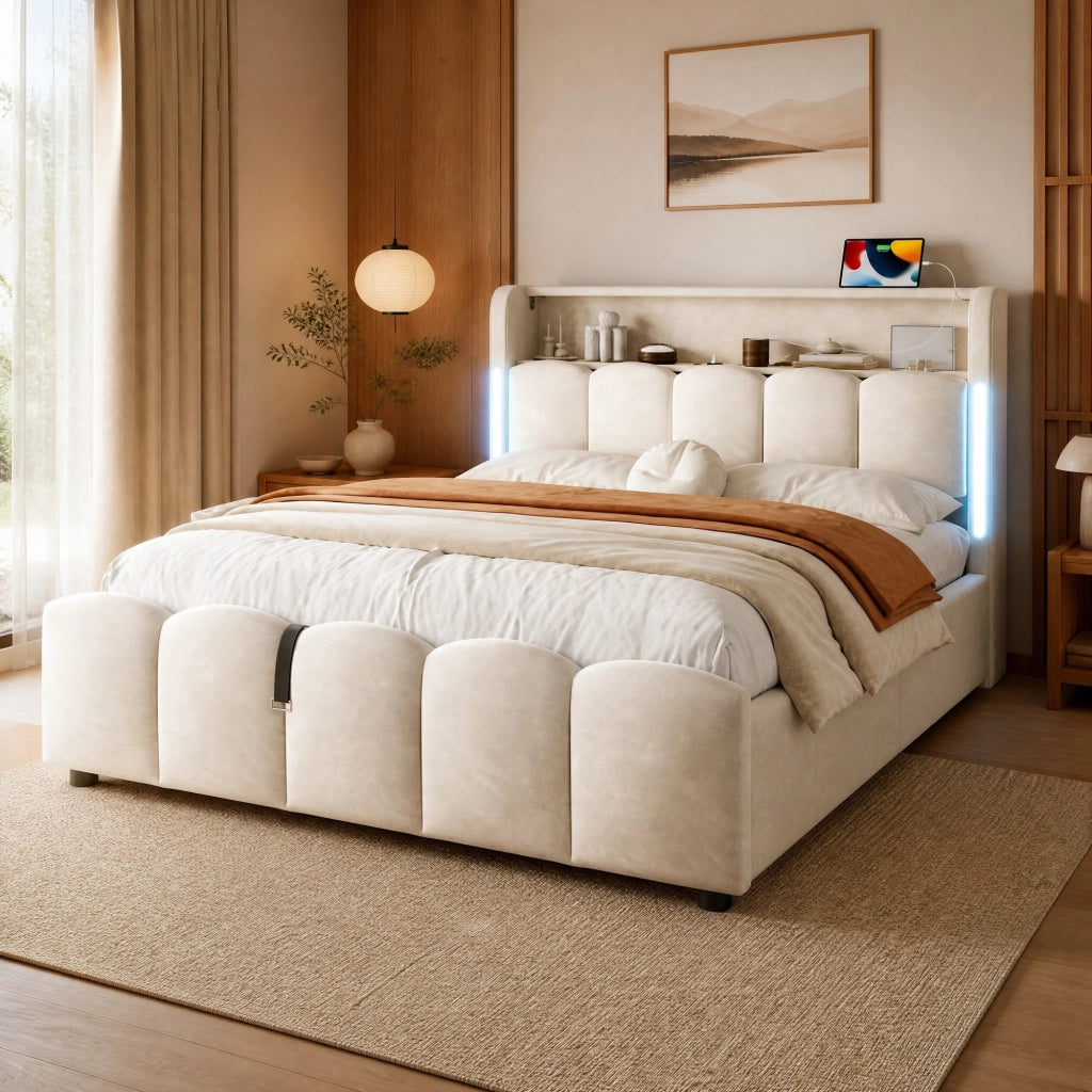 Letto matrimoniale imbottito 140x200 cm in velluto beige con LED; contenitore e porte USB Type-C