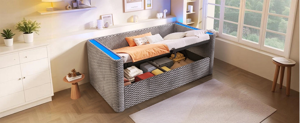 Letto singolo a divano 90 × 200 cm con vano contenitore idraulico in velluto grigio e luci LED