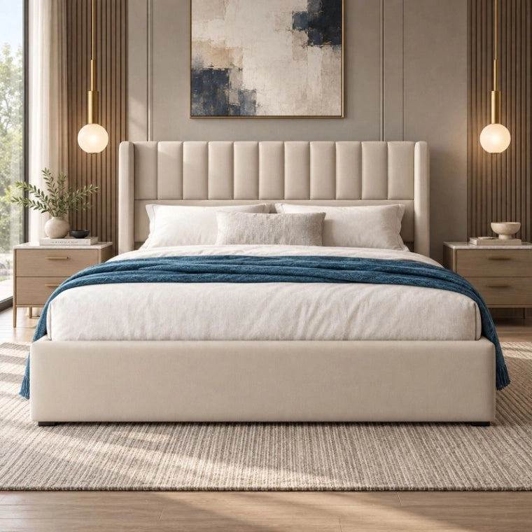 Letto Contenitore Matrimoniale 160x200 cm; Letto Imbottito in Lino Beige con Testiera; Rete a Doghe e Sollevamento Idraulico; Struttura Letto