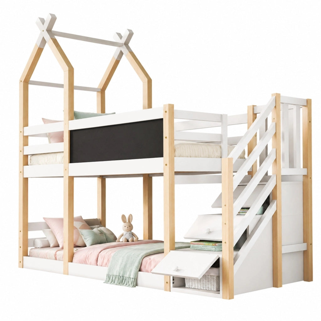 Letto a castello per bambini 90 × 200 cm con scala contenitore e lavagna in legno bianco