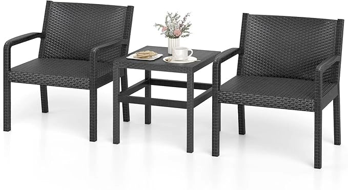 Tavolino e 2 Sedie in Rattan PP da Balcone, Set Giardino con Tavolino Quadrato e 2 Poltrone, Salotto da Esterno per Bordo Piscina (Grigio)