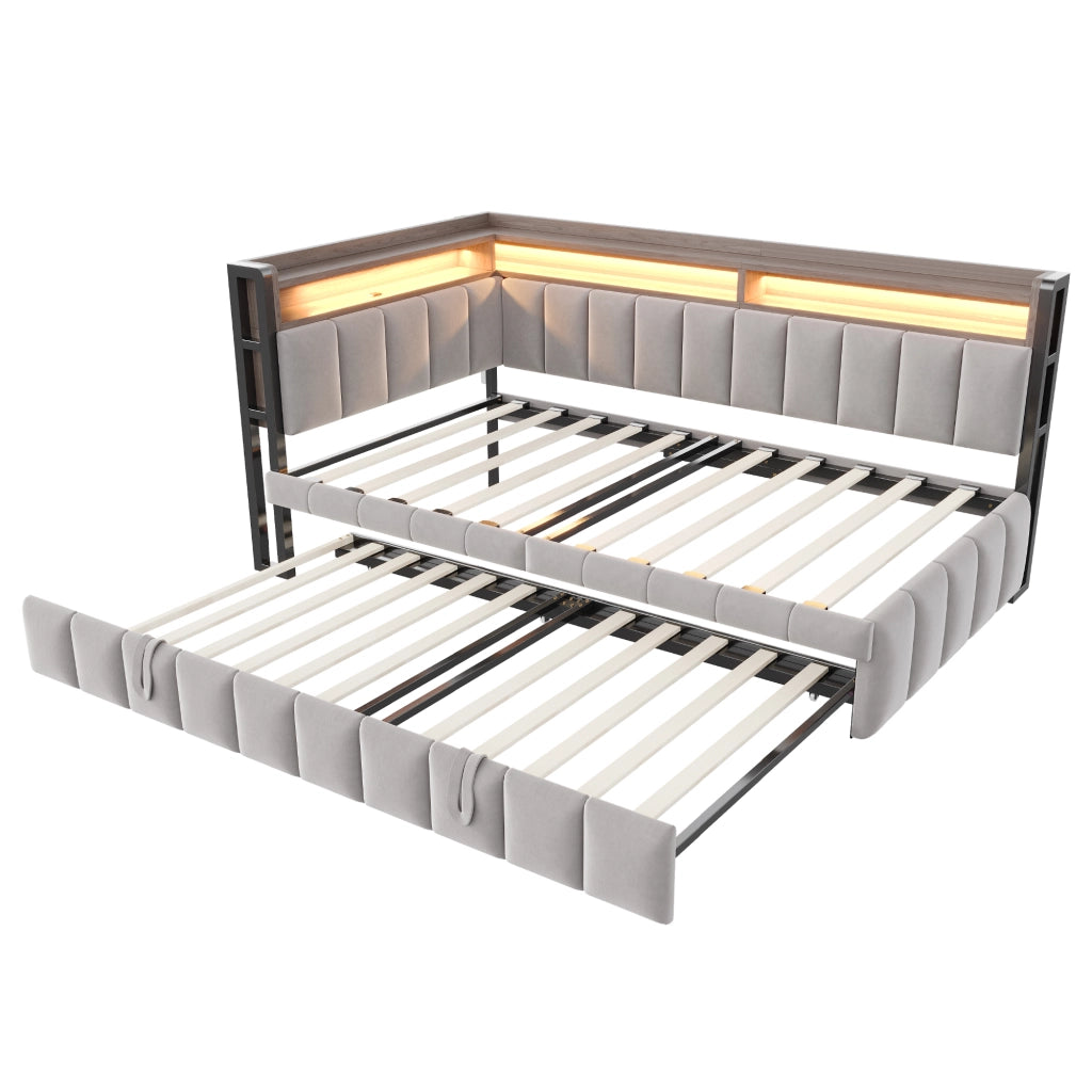 Letto con letto estraibile 90 × 200 cm con secondo letto 90 × 190 cm LED USB e Type-C rivestito in velluto grigio