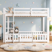 Letto a soppalco 90 × 200 cm con scala ad angolo; barriera e porta in legno bianco spazio libero sottostante