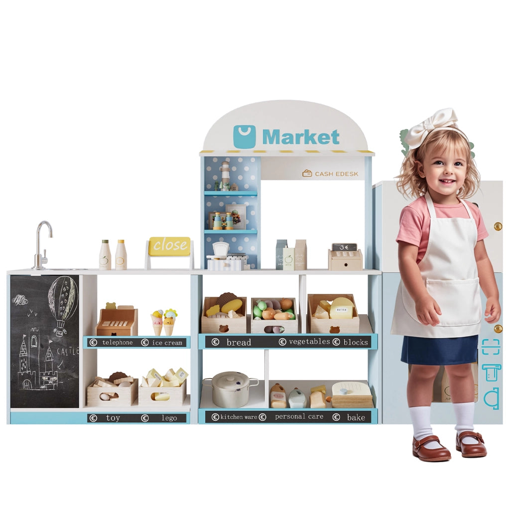 Negozio di giocattoli per bambini, con scaffali, frigorifero, insegne pubblicitarie, lavagna scrivibile, bancone laterale e rubinetto, giocattolo educ