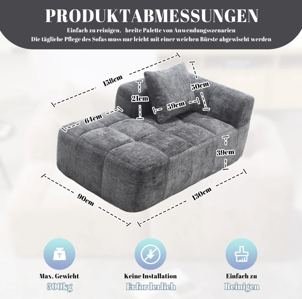 Divano Chaise Longue Grigio con Tessuto Morbido, Cuscino Incluso e Tasche Laterali per Telecomando e Smartphone