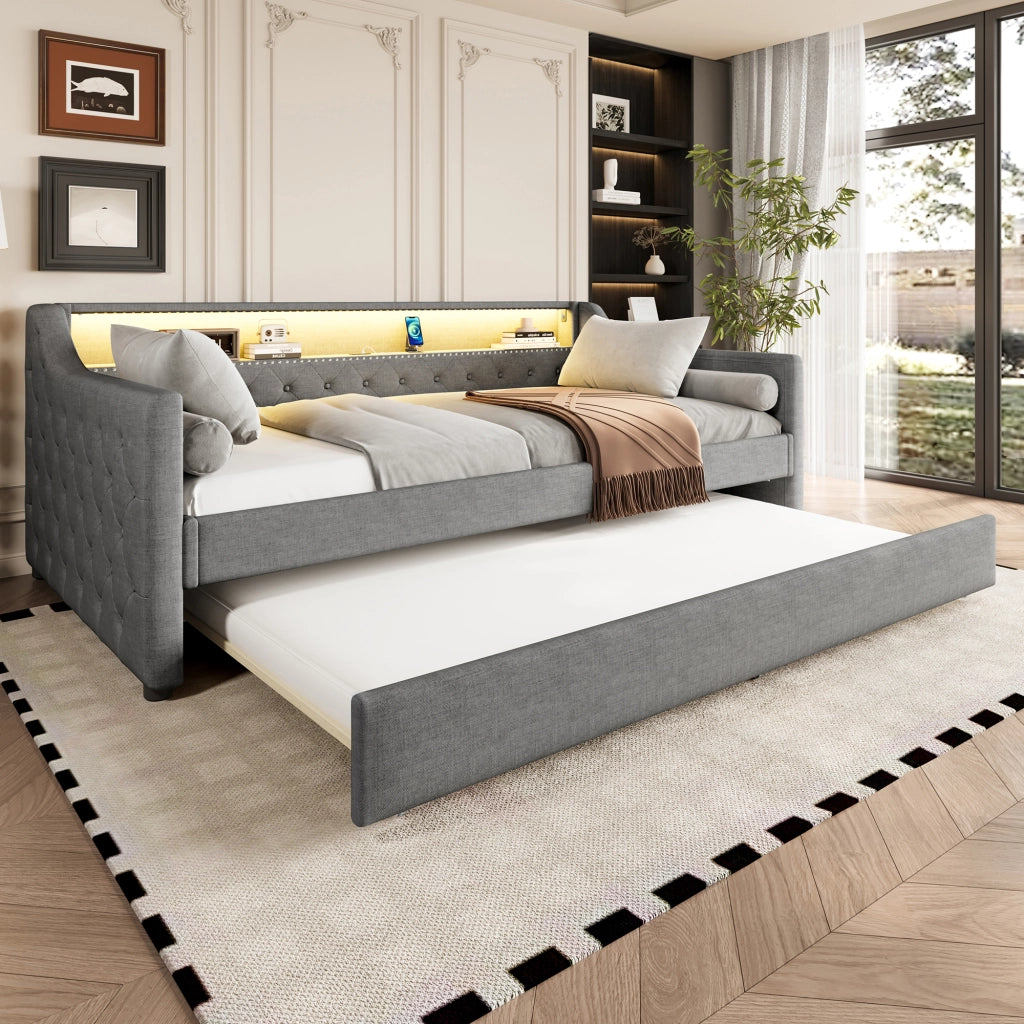 Letto con letto estraibile 90 × 200 cm con LED controllabile via app; USB; rete a doghe; lino e MDF grigio