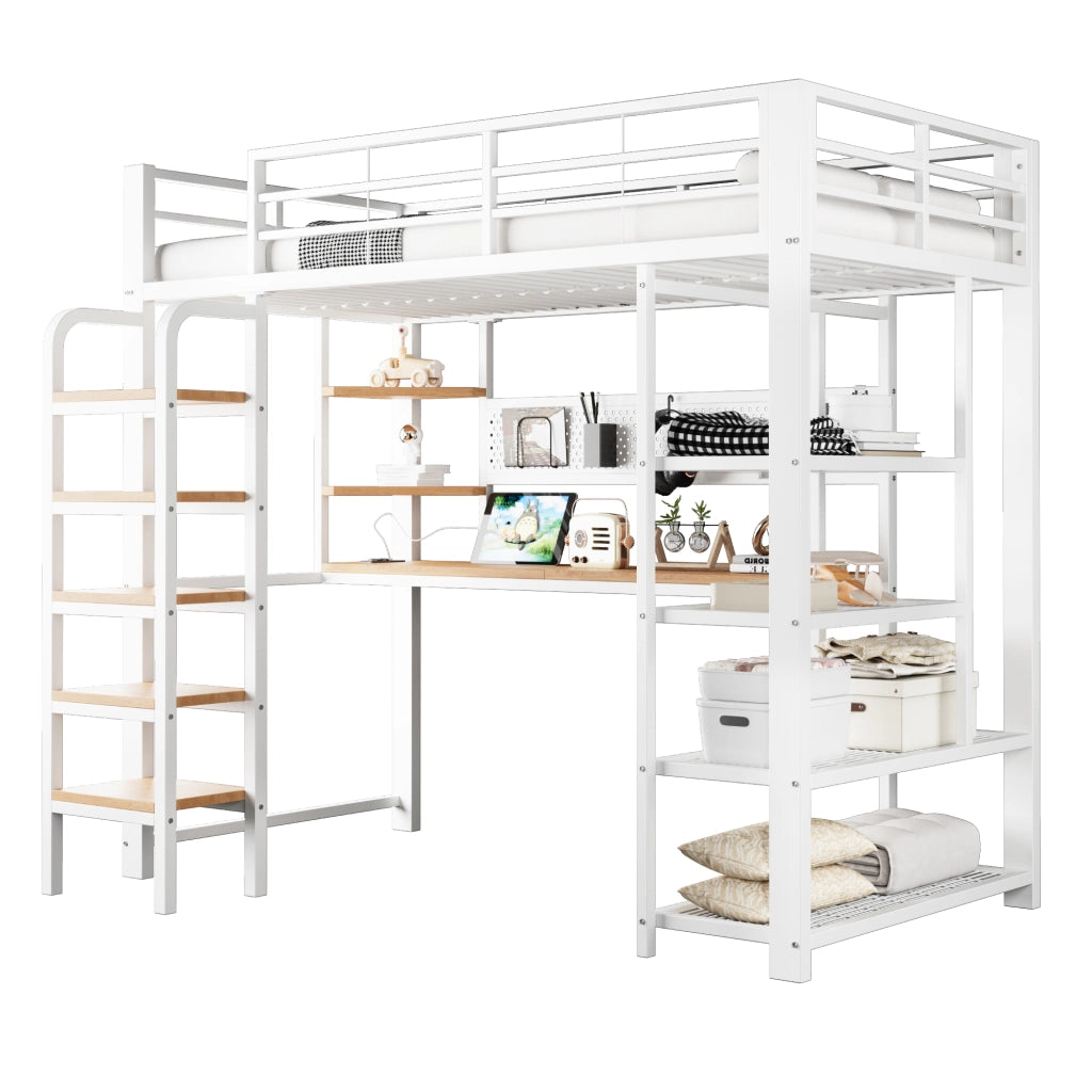 Letto a soppalco in metallo con pannello forato, scrivania, LED e scala, 90x200 cm, bianco