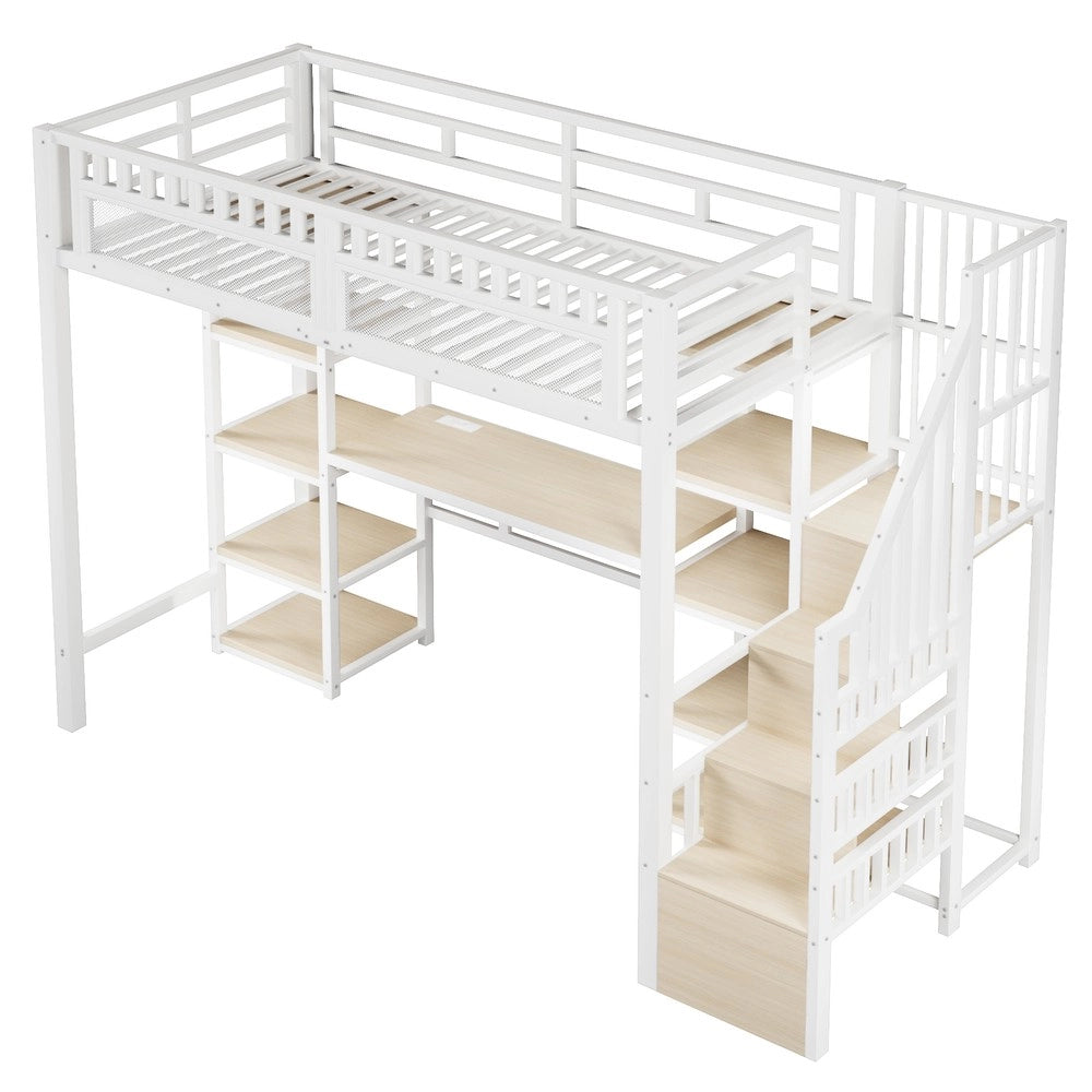 Letto a Soppalco con Scrivania e LED ¨C MINIMAL ¨C Bianco, 90x200, Struttura in Metallo