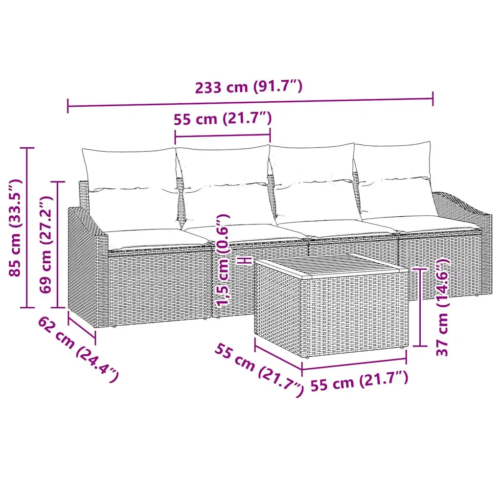 Set Divano da Giardino con cuscino 5 pcs Nero polyrattan