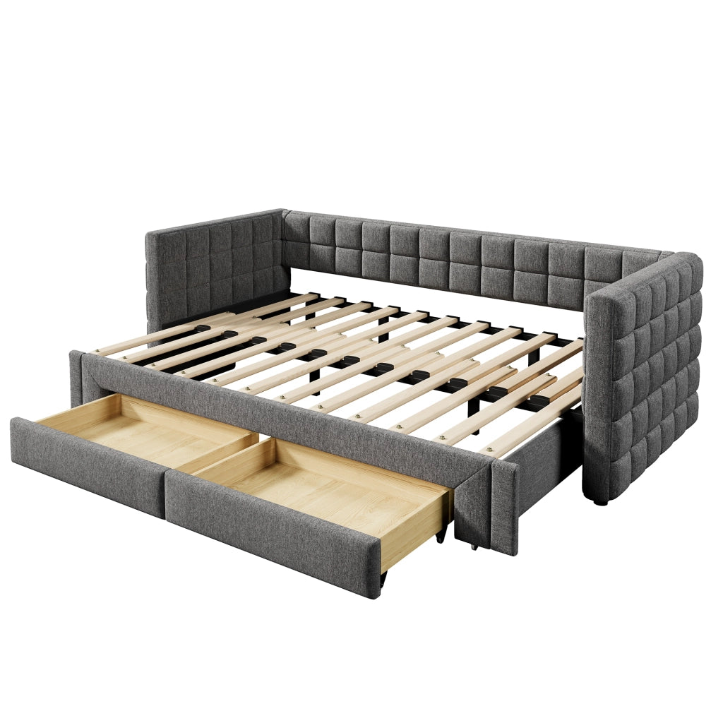 Divano letto estraibile 90x200 cm con 2 cassetti in velluto e MDF grigio