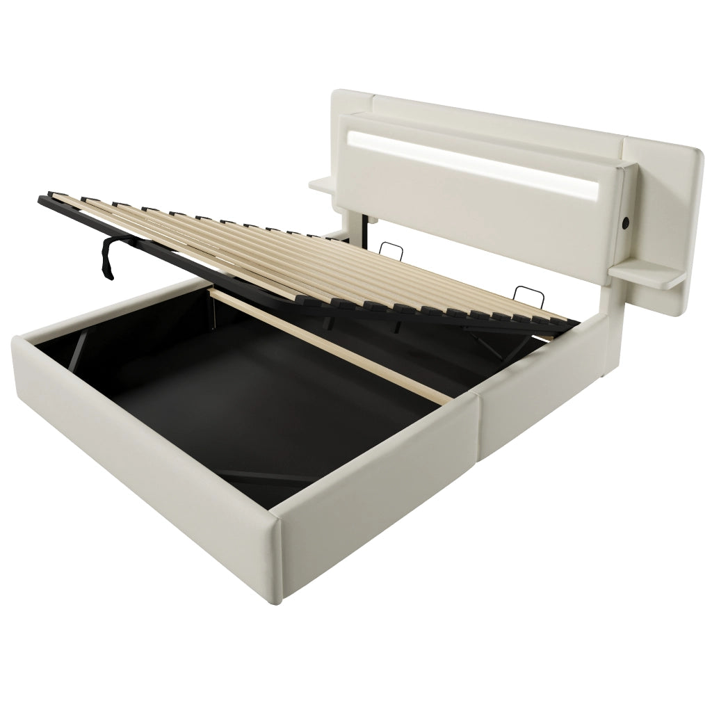 Letto con contenitore 140 × 200 cm imbottito con rivestimento in lino LED multicolore comodino integrato USB beige