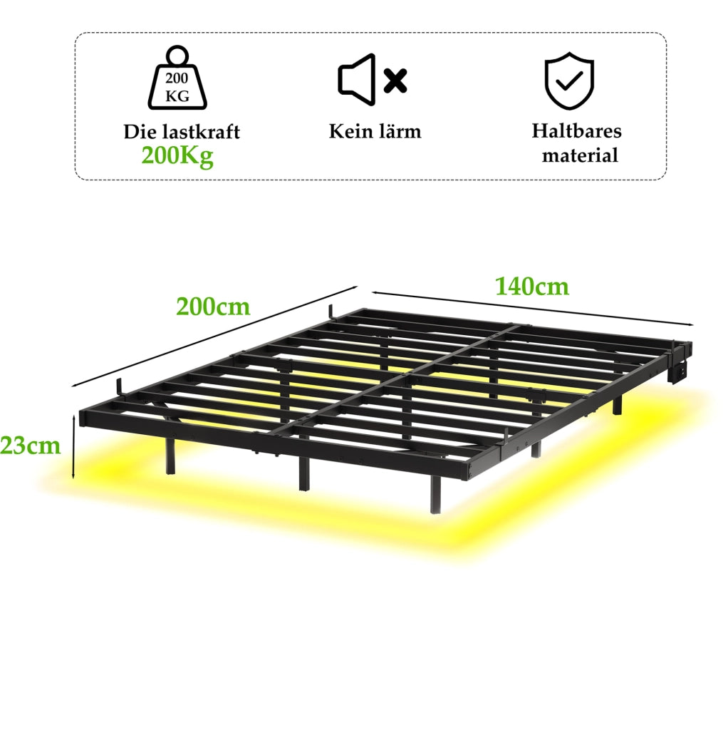 Letto con struttura sospesa 140x200 cm in metallo con illuminazione LED e stazione di ricarica integrata, telaio robusto con rete a doghe, colore nero