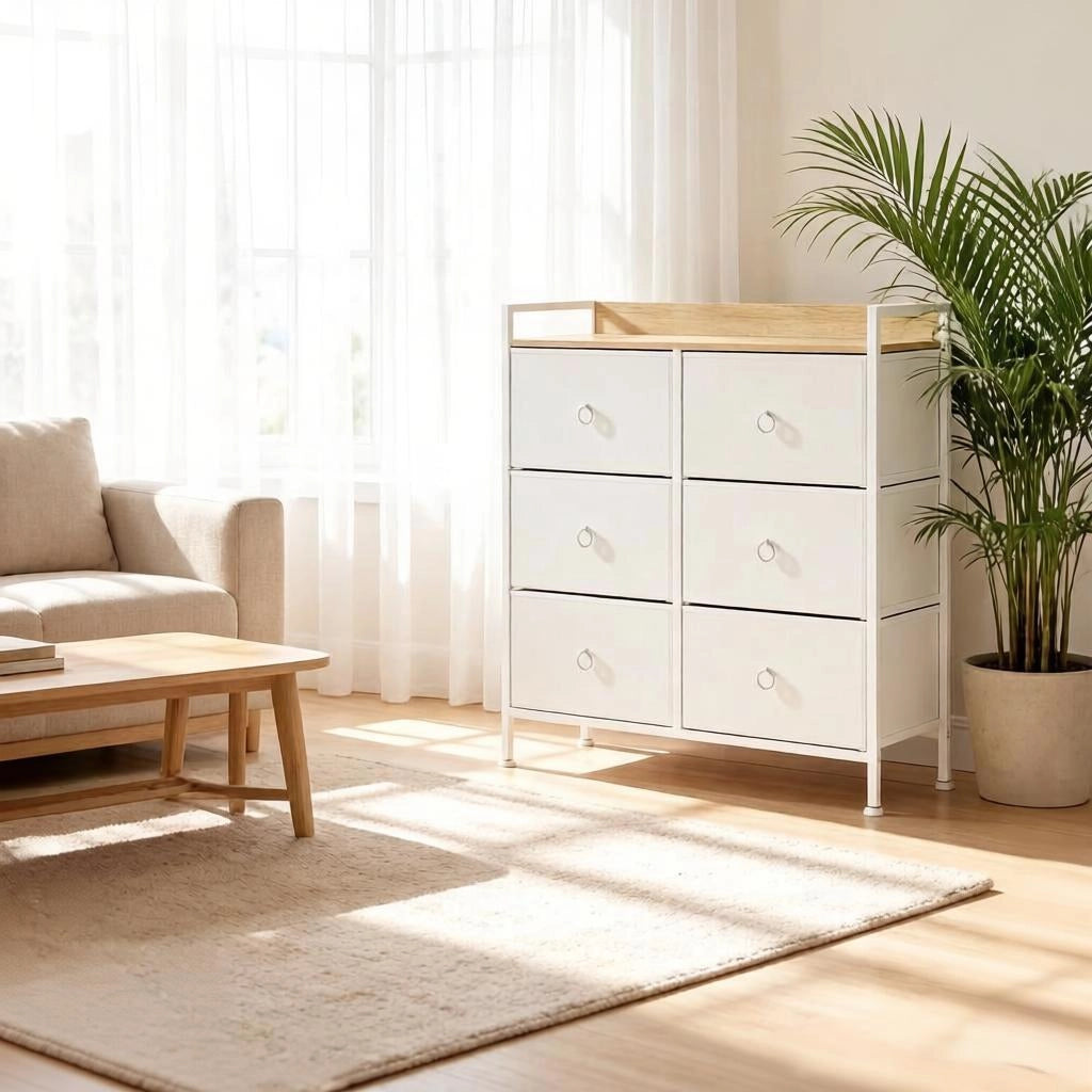 Cassettiera con 6 cassetti in tessuto struttura in metallo piano in legno bianco 80 × 29 × 78 cm