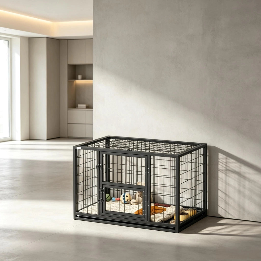 Gabbia per Cani in Acciaio con Apertura Superiore e Sportello per Cibo 94 x 60 x 64 cm Nera per Interni