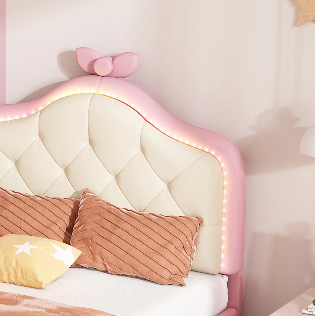 Letto singolo imbottito 90x200 cm rosa e bianco con LED multicolore