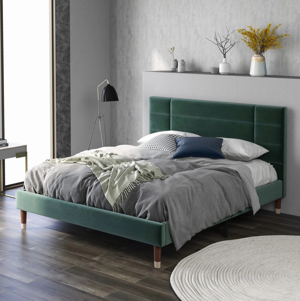 Letto matrimoniale imbottito 140x200 cm in velluto verde con rete a doghe
