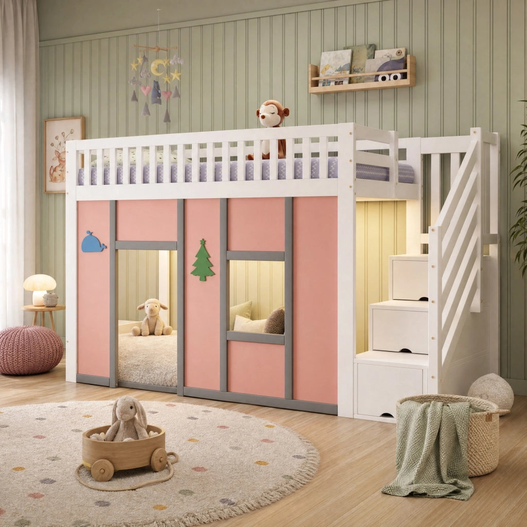Letto a soppalco per bambini 90x200 cm bianco e rosa con LED