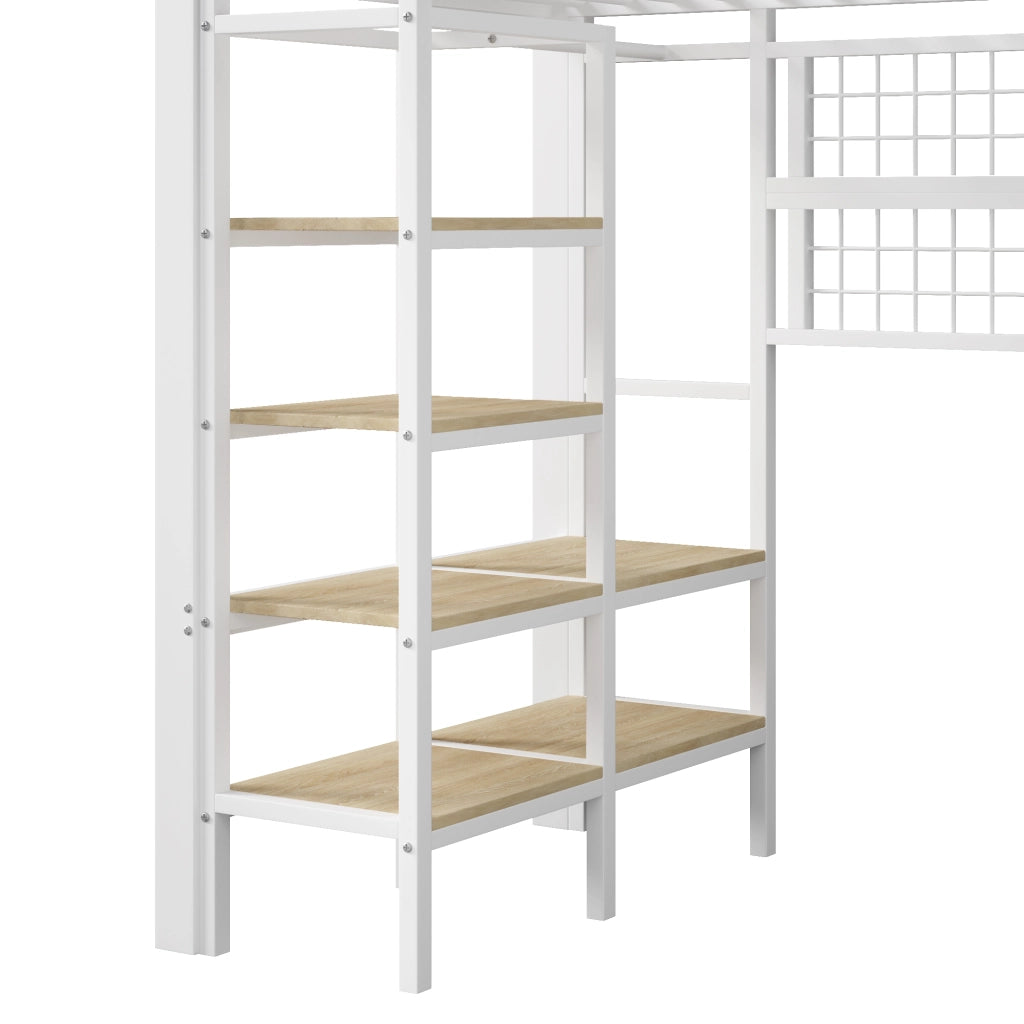 Letto a soppalco 90 × 200 cm 1 posto con LED regolabile, mensola e rete appendiabiti, senza materasso, bianco