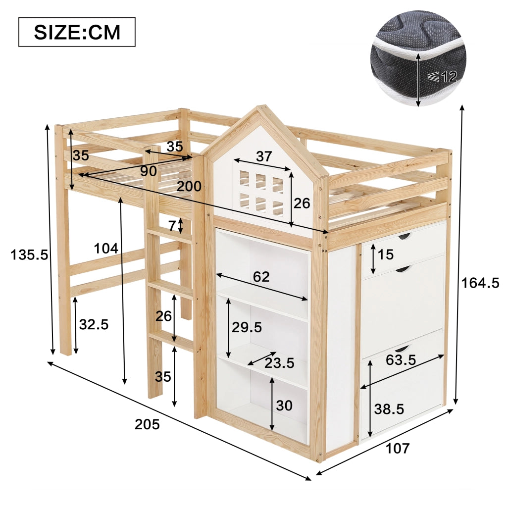 Letto a soppalco per bambini 90x200 cm a casetta; pino e MDF; bianco e legno naturale; cassetti e protezioni
